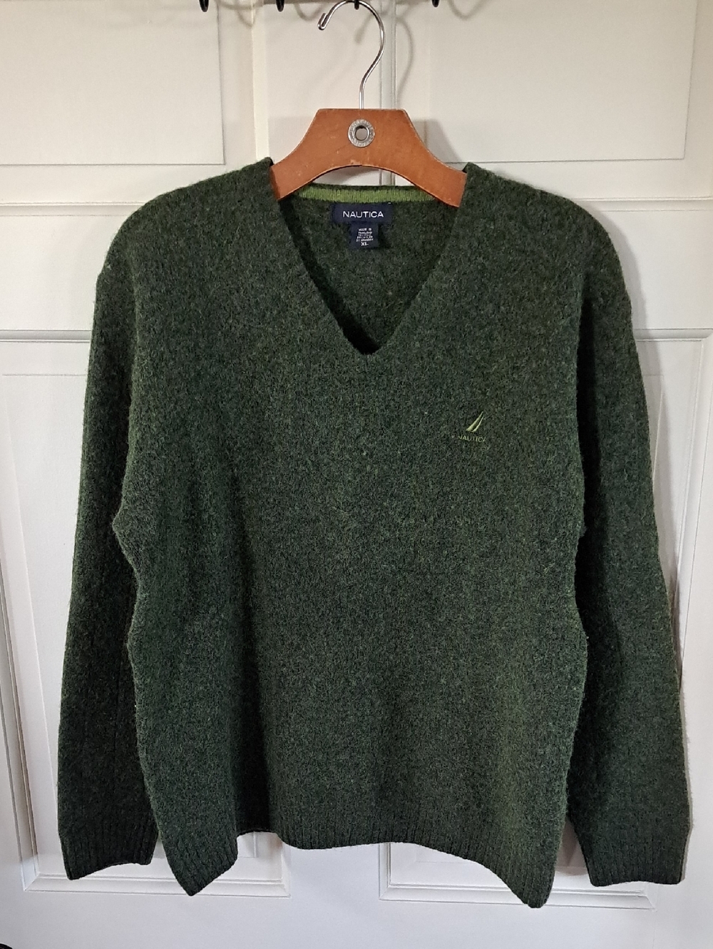 Nautica Wool Blend Heather Green V-Neck Relaxed Preppy Sweater Cozy Soft